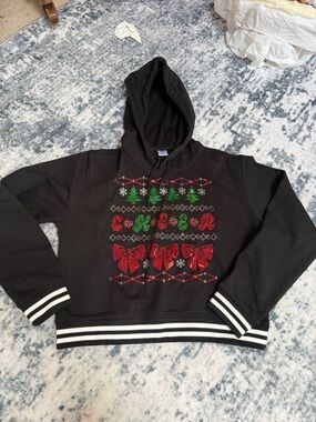 Black Crop Cheer Hoodie with Red & Green Holiday Rhinestone Motif
